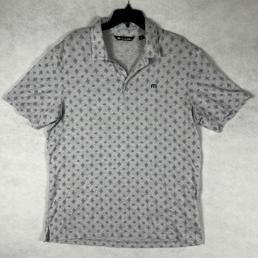 TravisMathew Mens XL Gray Blue Geometric Print AOP Short Sleeve Golf Polo Shirt